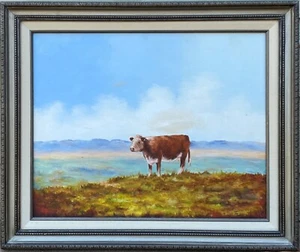 Original Landscape Framed Oil Painting - Cow/Steer, Signed Mary 20" x 16" - Picture 1 of 6