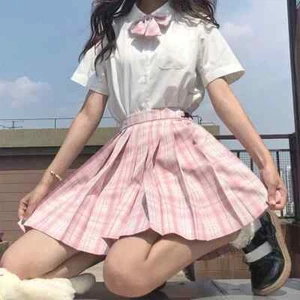 New Blouse Pleated Skirt Full Set Plaid Skirt Pink for Woman - Picture 1 of 40