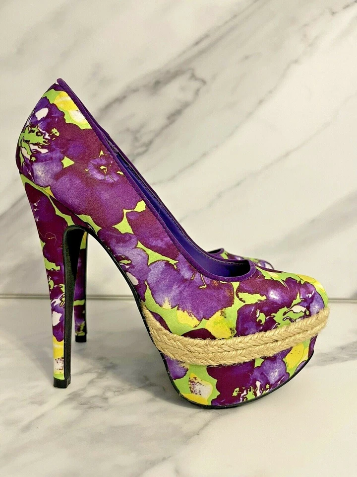 Qupid Women's Purple & Green Floral Almond Toe Stiletto Platform Pump Shoes 6.5 - Image 1 of 4