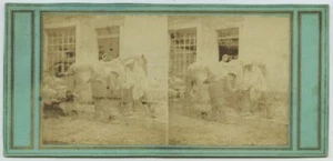 Stéréo 1855-60. Maréchal-ferrant. Cheval. Papier salé. - Imagen 1 de 1