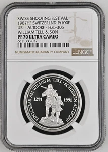 Switzerland 1987 100 Francs 1 Oz Platinum Proof Coin Shooting Festival NGC PF70 - Picture 1 of 4
