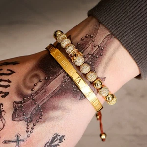 Brazalete unisex corona de lujo macramé oro número romano acero inoxidable - Imagen 1 de 20