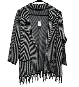 Adrienne Vittadini NWT Black White Striped Fringe Open Front Cardigan Jacket 1X - Picture 1 of 9