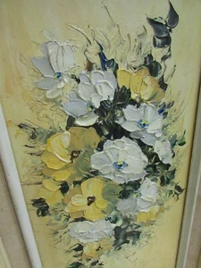 CHARMING MIDCENTURY OIL PAINTING ON BOARD ORIG YELLOW WHITE FRAME IMPASTO SIGNED - Imagen 1 de 12