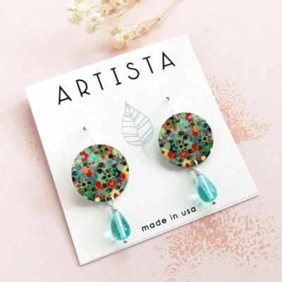 Artista Earrings 'Sea Swept' Disc with Aqua Blue Bead Lightweight Unique Gift - Image 1 of 3