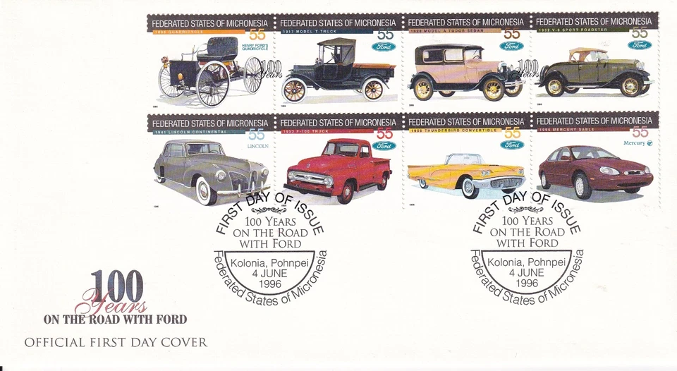 MICRONESIA 1996 FIRST DAY COVER, 100 YRS ON THE ROAD W/ FORD AUTOMOTIVE - Image 1 of 1