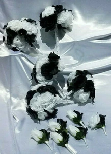 11 Pc Wedding Bouquet Set, White Roses, Black Calla Lilies, Bouquet Package - Picture 1 of 9