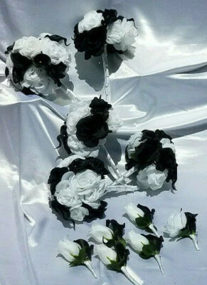 11 Pc Wedding Bouquet Set, White Roses, Black Calla Lilies, Bouquet Package - Image 1 of 4