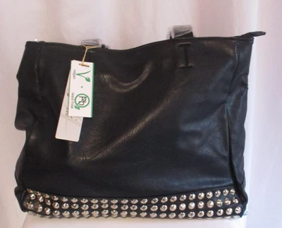V.Y. 托特包女式黑色铆钉单肩包手提包拉链上衣银色耳钉全新带标签 — 第 1/4 张图片