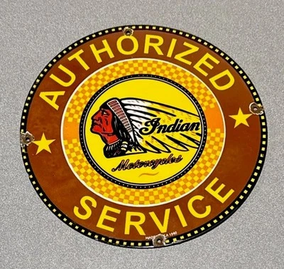 VINTAGE 12” 1940 INDIAN MOTORCYCLE PORCELAIN SIGN CAR GAS OIL TRUCK GASOLINE - Image 1 of 4