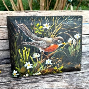 Robin Bird Herald of Spring Framed Small Oil Acrylic Painting Canvas 8" x 10" - Picture 1 of 10