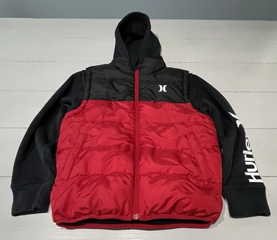 BOYS HURLEY 2 FER PUFFER JACKET HOODED BLACK/RED YOUTH SIZE S 8/10 - Image 1 of 4