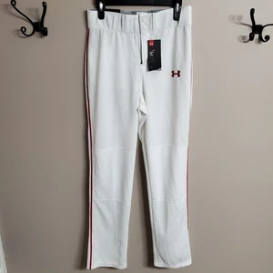 Mens Under Armour Baseball Pants Piped Sz S Relaxed Fit NWT White Red 1280996 - Picture 1 of 6