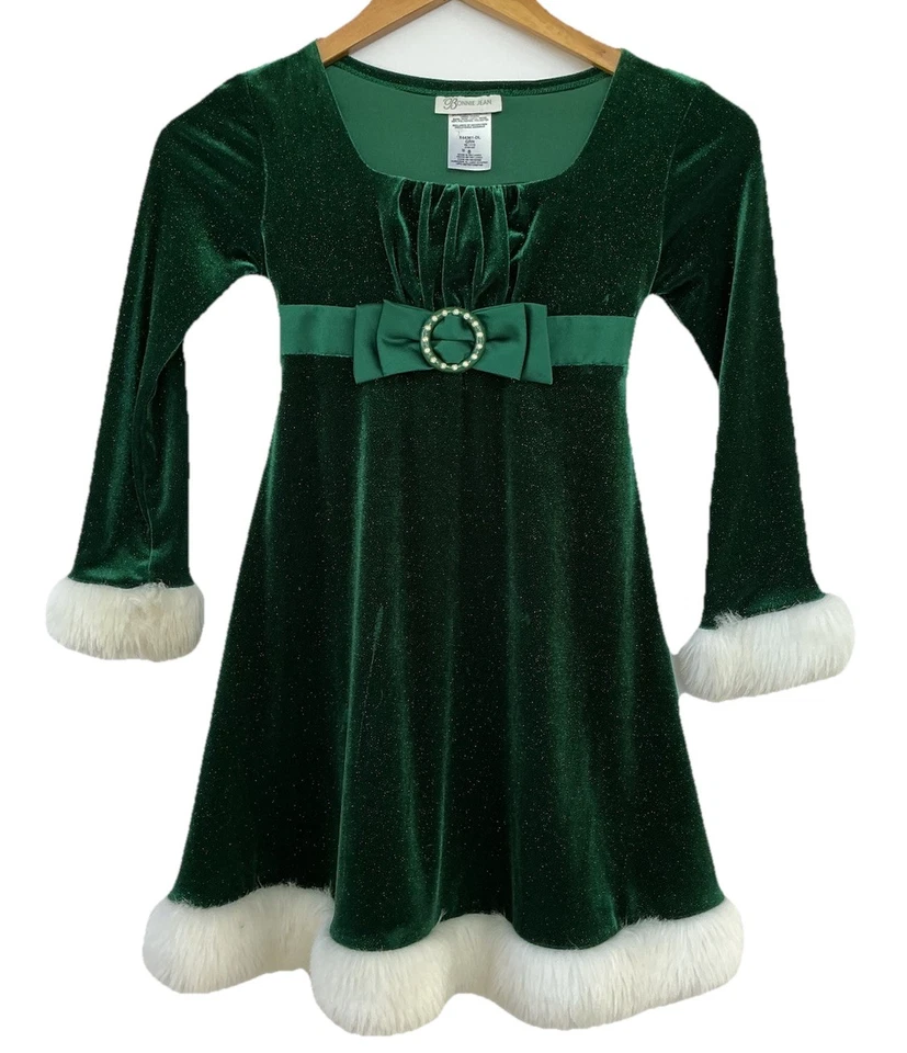 Bonnie Jean Girl’s Christmas Dress Green Size 8 Winter Sparkle Velvet Faux Fur - Image 1 of 4