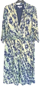 PER UNA Dress Uk 18 Navy/Green/Yellow Jersey Wrap Stretch 3/4 Sleeve Knee Length - Picture 1 of 7