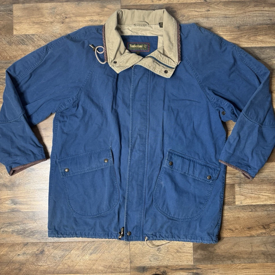 Vtg TIMBERLAND Weathergear Navy Blue Barn Chore Coat Leather Trim Canvas Sz XL - Image 1 of 4