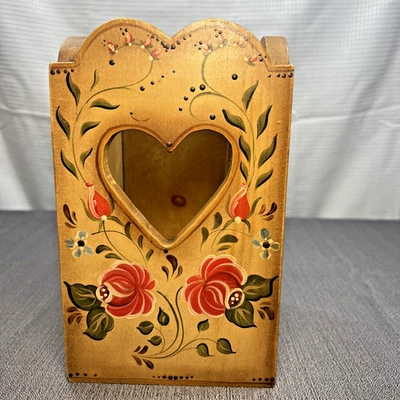 Vtg Wooden Floral Folk Art Decorated Votive Candle Box w/ Lift Handle OOAK Signe - Image 1 of 4