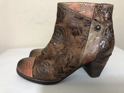 Spring Step L'Artiste Waterlily Brown Boho Floral Leather Zip Ankle Boots 40 / 9 - Image 1 of 4