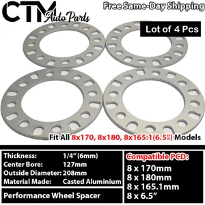 4Pcs FORD 8LUG VAN TRUCK 1/4"(6mm) THICK 8x6.5 8x180 8x170 8x165.1 WHEEL SPACER  - Picture 1 of 3