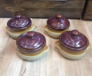 Juego de 4 cuencos de sopa marrón de tres tonos con tapas de gres MCM - Imagen 1 de 6
