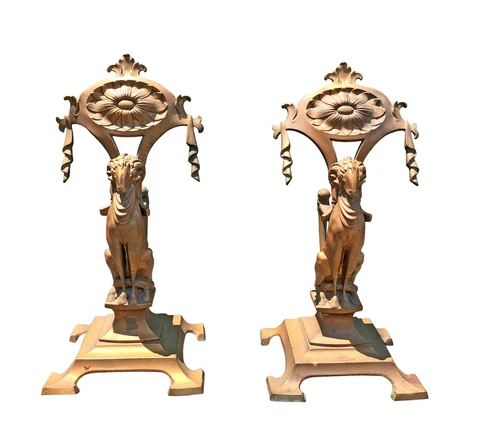 Antique Rams Head Art Deco Fireplace Andirons Cover