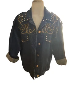Carol Little Sport Denim Military Jacket Size 6 Gold Trim & Bling - Picture 1 of 6