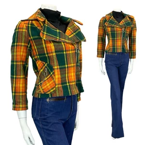 60S 70S GREEN YELLOW ORANGE TARTAN BIKER PUNK MOD O RING ZIP UP WOOL JACKET 8 - Picture 1 of 13