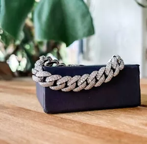 12MM Lab Created Diamond Cuban Link Chain Mens Bracelet 14K White Gold Plated 8" - Picture 1 of 3