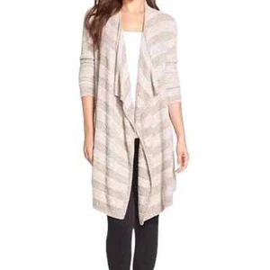 Neu 110 $ Barefoot Dreams Bambus Chic Lite Calypso taupe/perlmutt gestreifte Strickjacke \ S/M - Bild 1 von 6