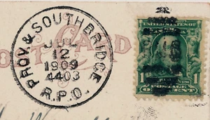 PROV. & SOUTHBRIDGE R.P.O. 4403 OVATE BARRED RMS DUPLEX CANCEL. 1909. - Picture 1 of 3