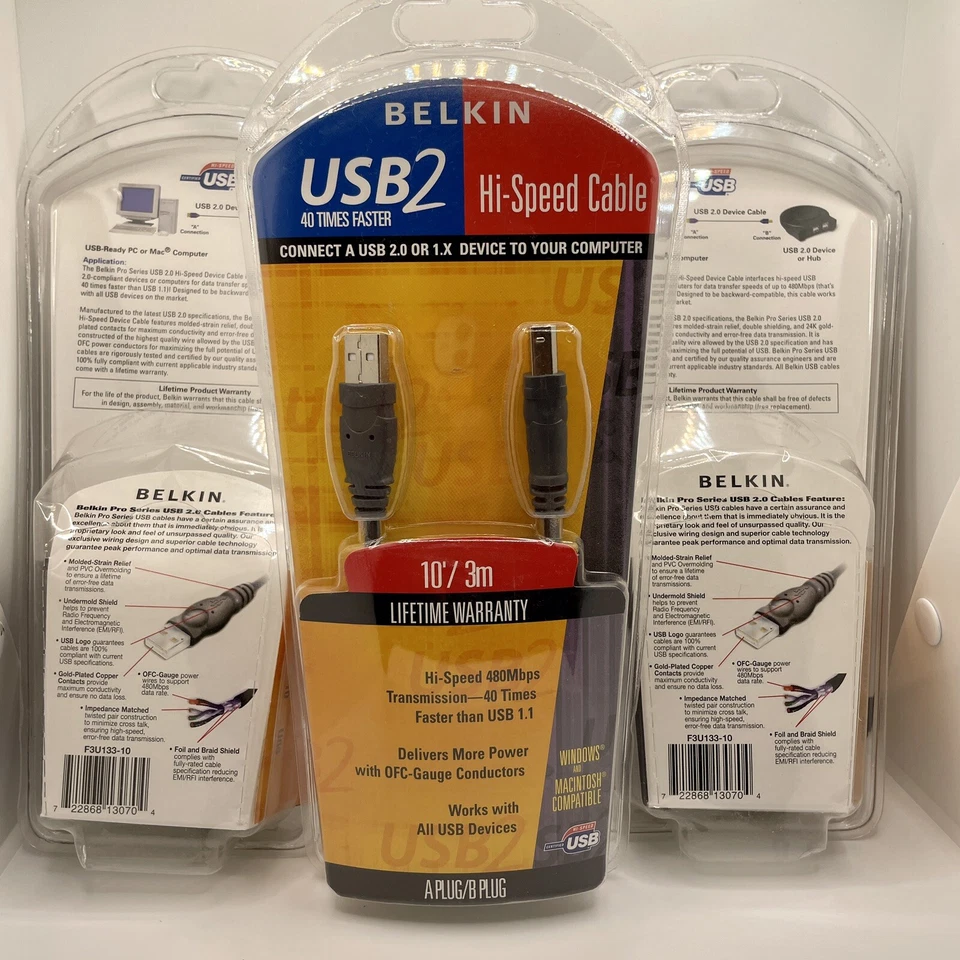 3X Belkin USB Cable High Speed 40 Times Faster 10 Feet / 3M For Windows & Mac - Image 1 of 2
