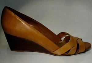 BCBGirls Sz8.5m leather yellow/mustard 3inch half wedge extra padding open toe - Picture 1 of 6