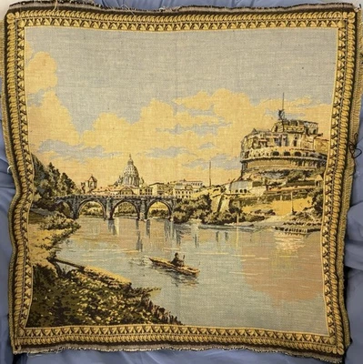 Vintage Rome Roman Tapestry Boat Scene 18” X 19” Wall Hanging Or To Frame Mint - Image 1 of 4