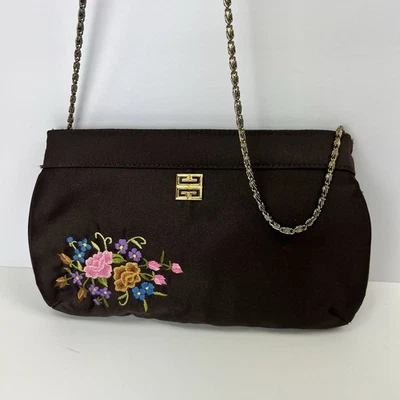 RARO - Cartera de Lujo Givenchy Marrón Satinado Bordado Floral - Correa de Cadena Foto 1 de 4