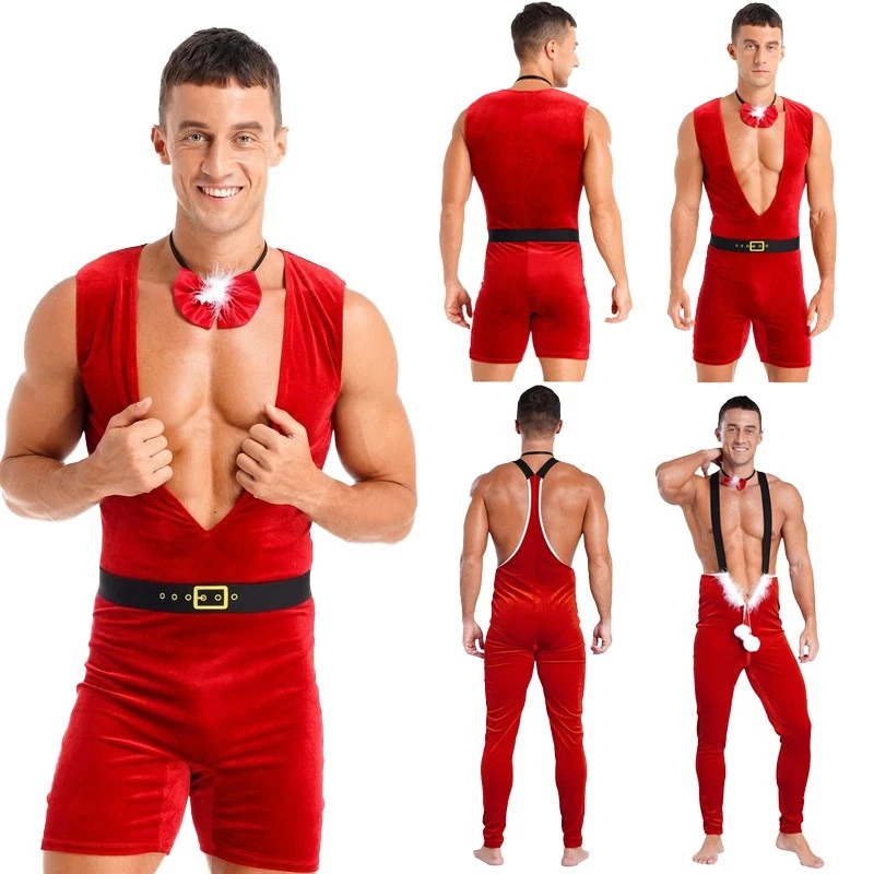TIAOBUG DE Herren Weihnachten Kostüm Santa Overall Body Weihnachtskostüm Xmas Bodysuit