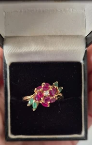 18K Rose Gold Ring - Ruby Gemstone Petals, Diamond, Green Gem Leaves-Size P - Picture 1 of 5