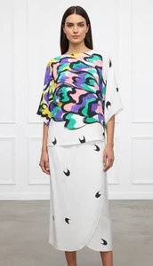 I. Magnin Yolanda Conjunto de 2 Piezas de Seda Top y Falda Pintados a Mano Marfil Multicolor S - Imagen 1 de 14