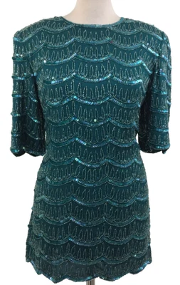 Frank Usher Women's Top Size M Turquoise Beads Sequins Lined Used F1 - Image 1 of 4