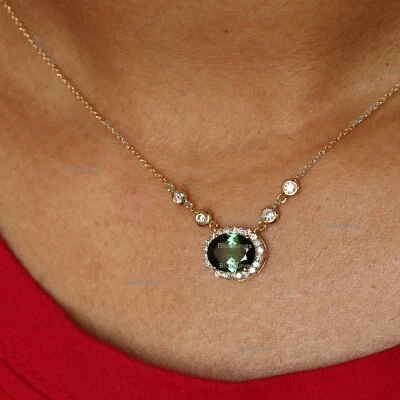 Oval Cut Green Tourmaline & Diamond Chain Necklace 16' In Solid 14k Yellow Gold - Image 1 of 4