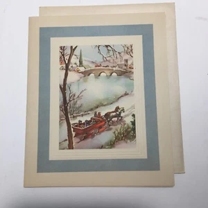 Vintage 1950s Christmas card snowy scene horse drawn sleigh unused with envelope - Picture 1 of 3