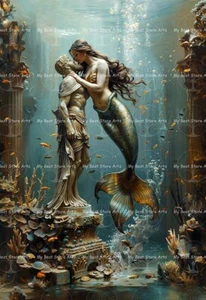 MEERJUNGFRAU UND DIE STATUE KUNSTDRUCK, Sirene Poster, Romantik Liebe Valentinstag D709 - Bild 1 von 4