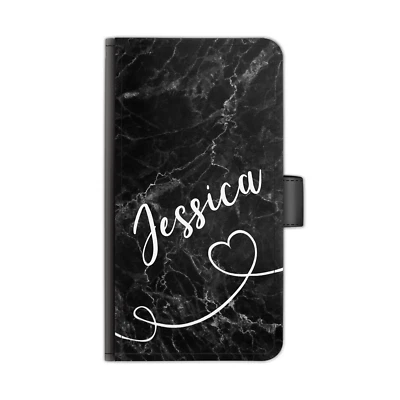 Personalised Name PU Leather Phone Case White Heart Line Black Marble Flip Cover - Image 1 of 4