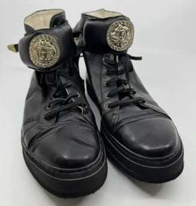 Versace Men’s Black Leather High Top Sneakers Italy Size 8.5 Medusa Logo - Picture 1 of 11