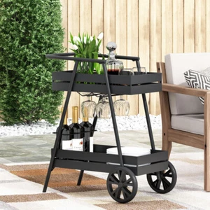 Modern Industrial Rex Bar Cart, Mobile Iron Frame Bar Cart w Wine Bottle Holders - Picture 1 of 13