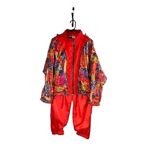 Vintage Tail 80s Windbreaker Track Pant Suit Set Red Pattern Womens Size Medium