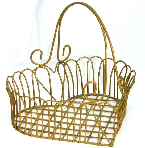 Vintage Basket Metal Wire Heart Shaped Handle Gold Tone Cover
