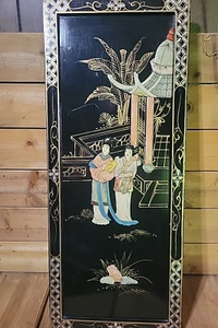 Vintage Mid Century Japanische Schwarzlack Holzplatte Geschnitzt Muschel... - Bild 1 von 9
