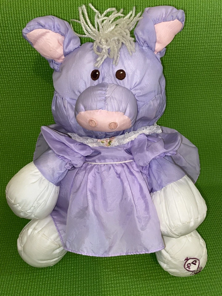 VTG 1987 FISHER PRICE PLUSH PUFFALUMP PIG IN PURPLE DRESS, LAVENDER & PINK EUC - Image 1 of 4