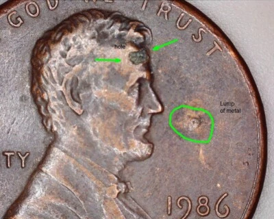 1986 D  Lincoln Penny - Hole in the Head, Lump of extra metal. Flawed Planchet? - Image 1 of 3