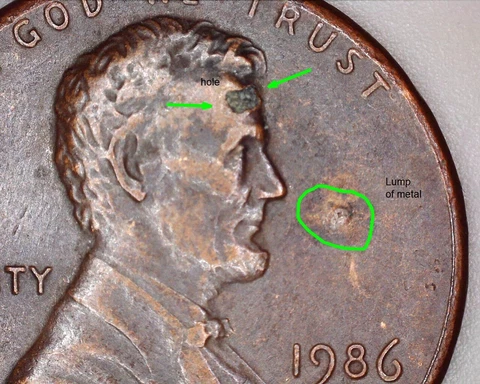 1986 D  Lincoln Penny - Hole in the Head, Lump of extra metal. Flawed Planchet? Cover